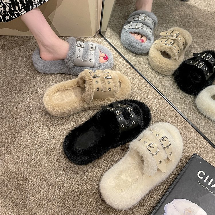 2025 New flat, versatile, casual, home, autumn and winter woolen slippers women's fashion, niche cotton slippers women's shoes details Picture