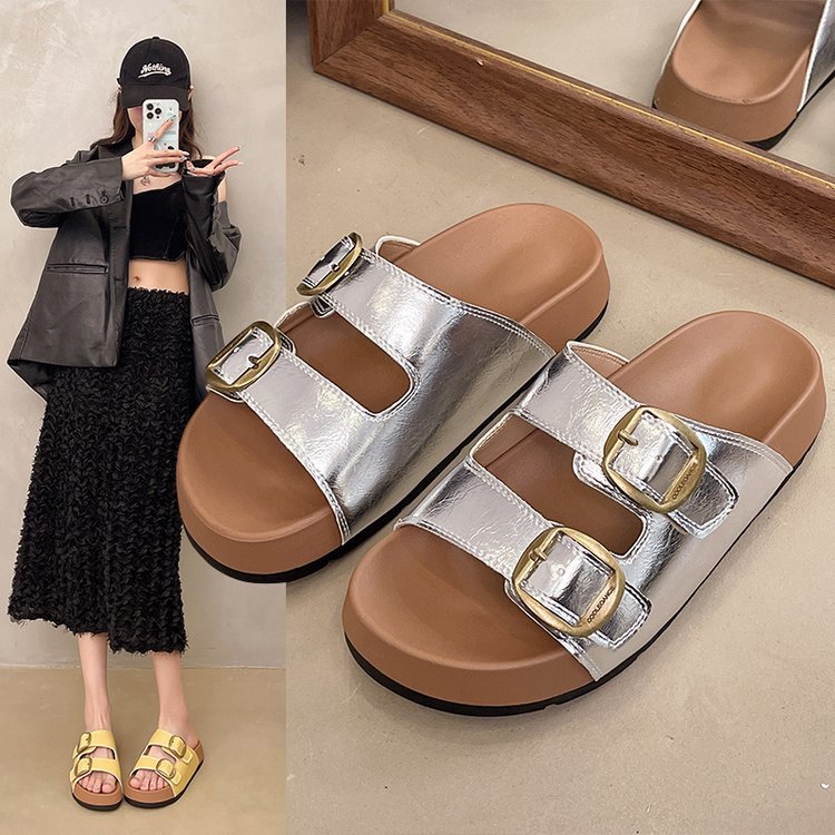 Petite thick-soled Birken sandals for women, 2025 Summer new style, yellow leather surface, outerwear, enhanced high fire beach slippers full figure