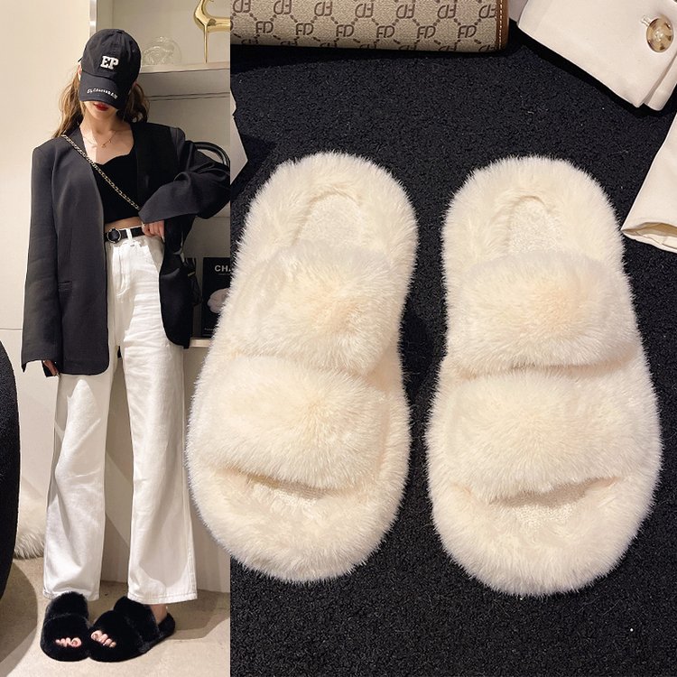 New Korean-style warm and comfortable woolen slippers for women in autumn and winter 2025, casual and cute cotton slippers with flat bottoms full figure
