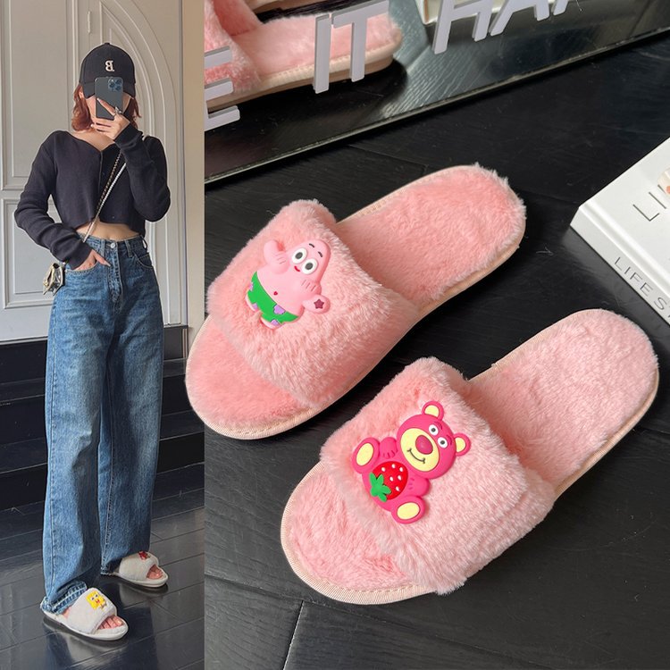 Cute, cute, flat and lightweight 2025 autumn and winter furry slippers for women to wear outdoors at home full figure