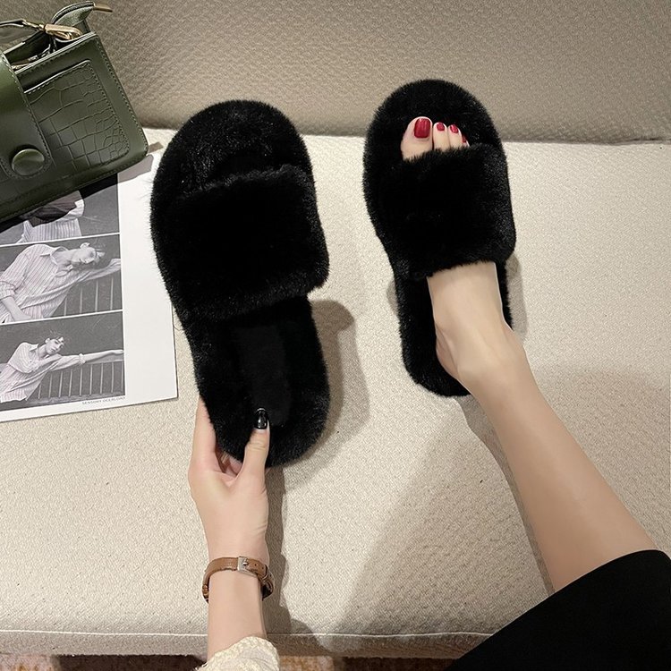 MAO MAO Slippers for women's winter outdoor wear 2025 Autumn New indoor lazy flat plush one-line slippers Home cotton slippers Specification drawing