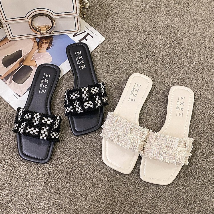 2025 Summer New flat-bottomed fashionable women's chanel-style one-shoulder flip-flops, checkerboard pattern women's head beach slippers Specification drawing