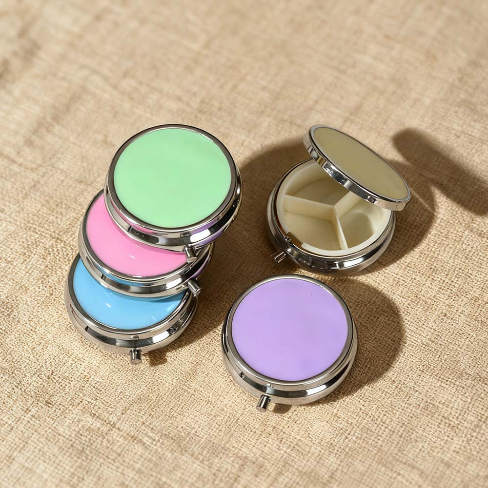 收纳盒金属小镜子药盒圆形可爱卡通轻携随身迷你diy化妆镜小药盒