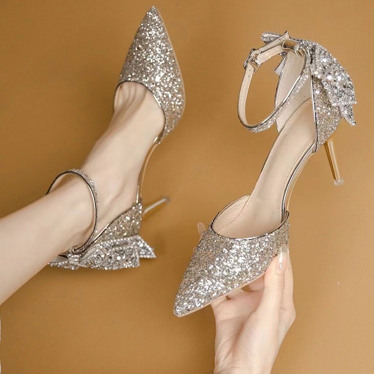 Main wedding dress, wedding shoes, high heels, wedding shoes, bow shoes, women's thin heels, 2025 new style, high-heeled sandals, black full figure