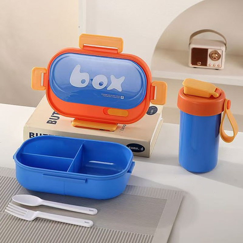 简约印花撞色饭盒水杯套装 三格分隔便携餐盒 学生带饭餐具组合详情2