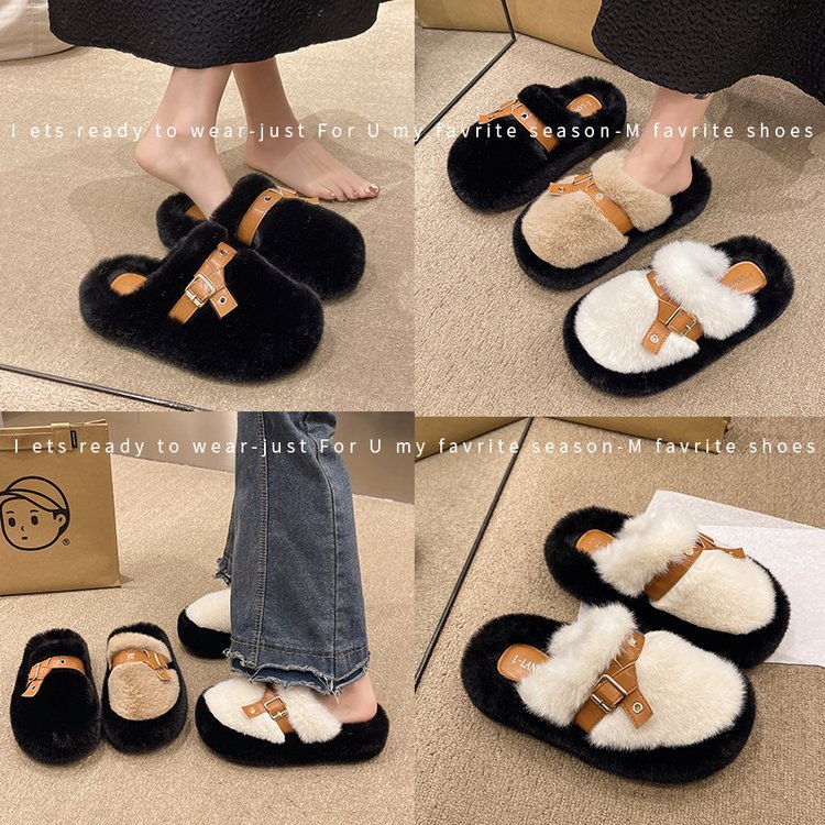 "Red envelope toe half-slipper women's outerwear 2025 autumn/Winter new height-increasing thick-soled woolen shoes home warm cotton slippers. Specification drawing