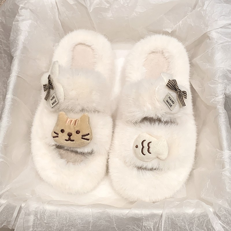 Soft and cute new autumn and winter woolen slippers for women to wear outside, popular flat-bottomed home woolen double-bar anti-slip cotton slippers full figure