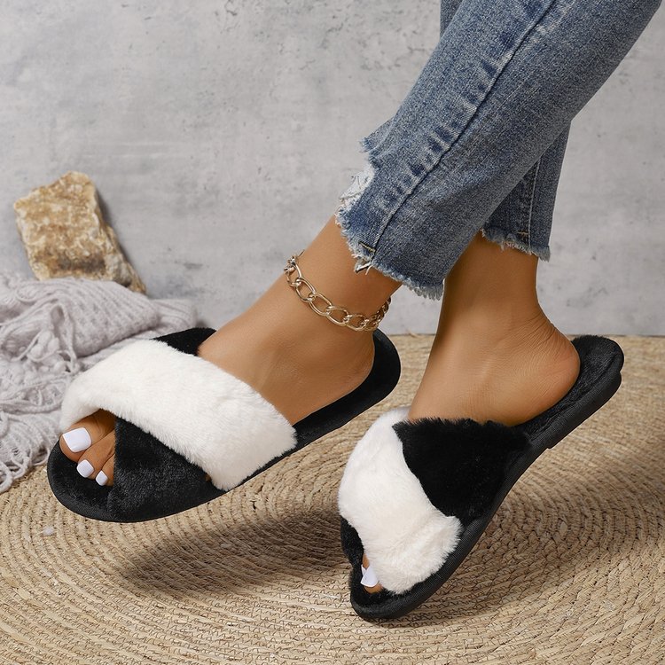Cross-border cross-colored fur slippers with open toe exposed, soft-soled and warm European and American style fur slippers for women's home use Application Scenario