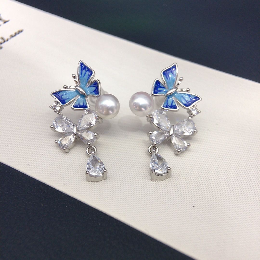 Natural freshwater pearl stud earrings, summer exquisite colored glaze butterfly blue stud earrings, women's zircon bestseller pearl necklace jewelry necklace detail image 12