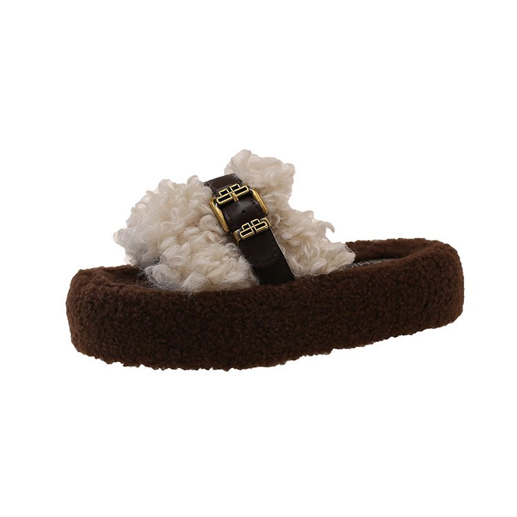 Retro thick-soled woolen slippers for women to wear outside, 2025 autumn/winter Korean-style comfortable curly woolen slippers, one-shoulder cotton slippers for women Item Picture