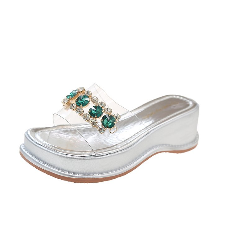 Summer 2025 thick-soled slippers, square head one-line casual, fashionable and versatile beach cool slippers, water diamond crystal slippers Item Picture