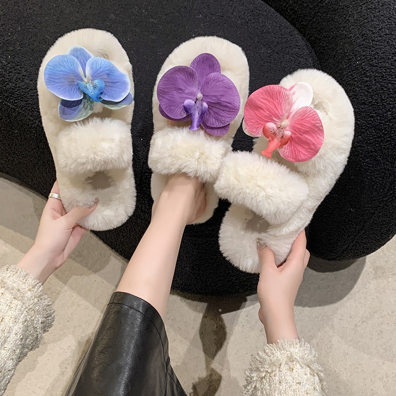 Gradient flower fleece slippers for women's outerwear 2025 autumn/Winter new fashion home double-bar warm fleece slippers trend full figure
