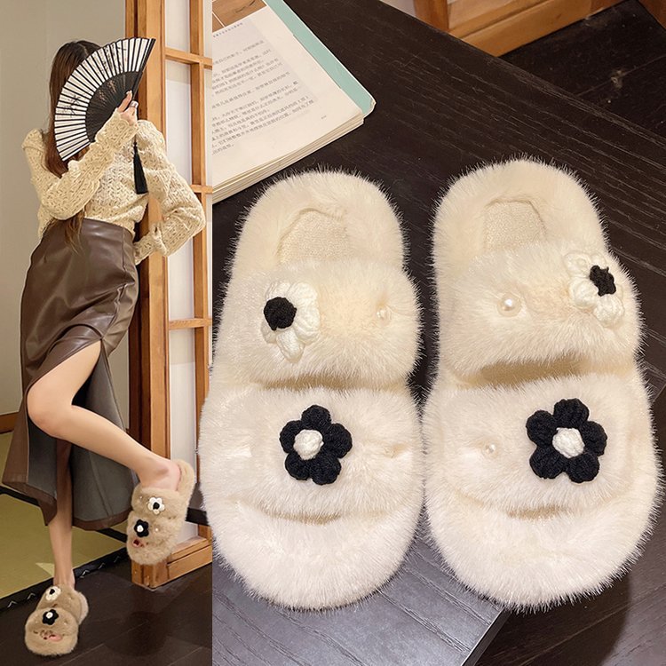 2025 New Korean style gentle, fashionable and versatile autumn and winter one-shoulder cotton slippers, fluffy fairy style flat slippers full figure