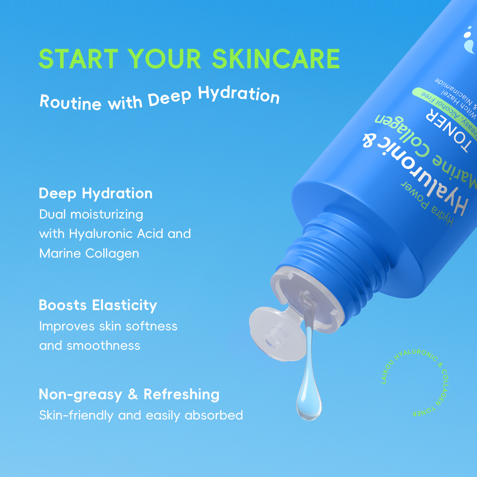 Cross-border LAIKOU Hyaluronic Acid Collagen toner 100ml Hydrating and Moisturizing All-English export Toner Specification drawing