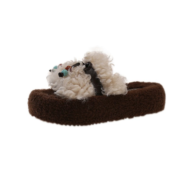 Thick-soled woolen slippers for women to wear outside in autumn and winter 2025, a new style for fashionable outings. Petite, fluffy cotton slippers with sponge rolls Item Picture