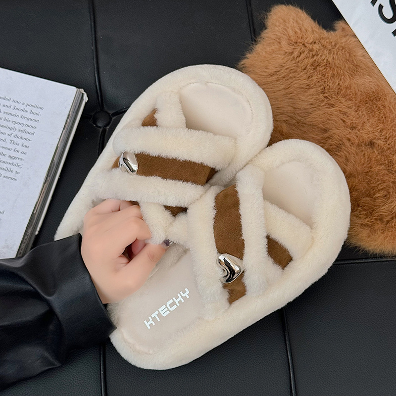 Cross-shaped thick-soled plush slippers for women 2025 autumn/Winter new style, French-style belt-buckle thick-soled height-increasing plush slippers for outerwear details Picture