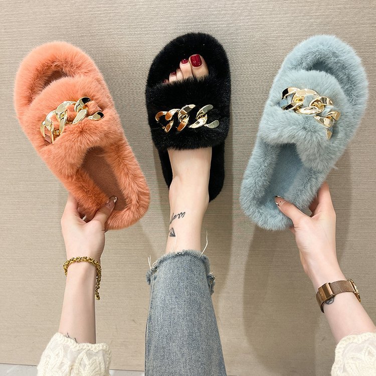 Half-slipper women's autumn and winter outdoor wear, 2025 new trendy metal fashionable office and home furry slipper details Picture
