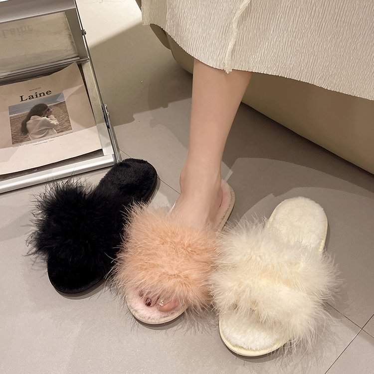 New stylish and versatile flat-bottomed anti-slip one-shoulder slippers for autumn and winter, popular ins cotton slippers details Picture