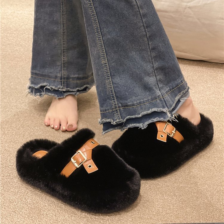 "Red envelope toe half-slipper women's outerwear 2025 autumn/Winter new height-increasing thick-soled woolen shoes home warm cotton slippers. details Picture