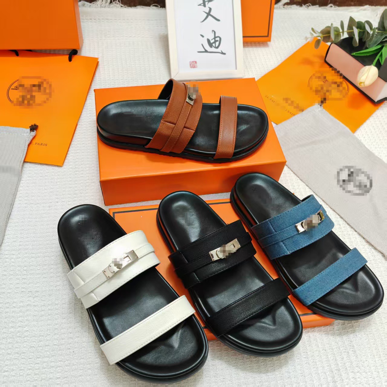 Cross-border H slippers slipper independent station African bestseller sandals with metal locks worn outside beach women, one-piece shipping Specification drawing