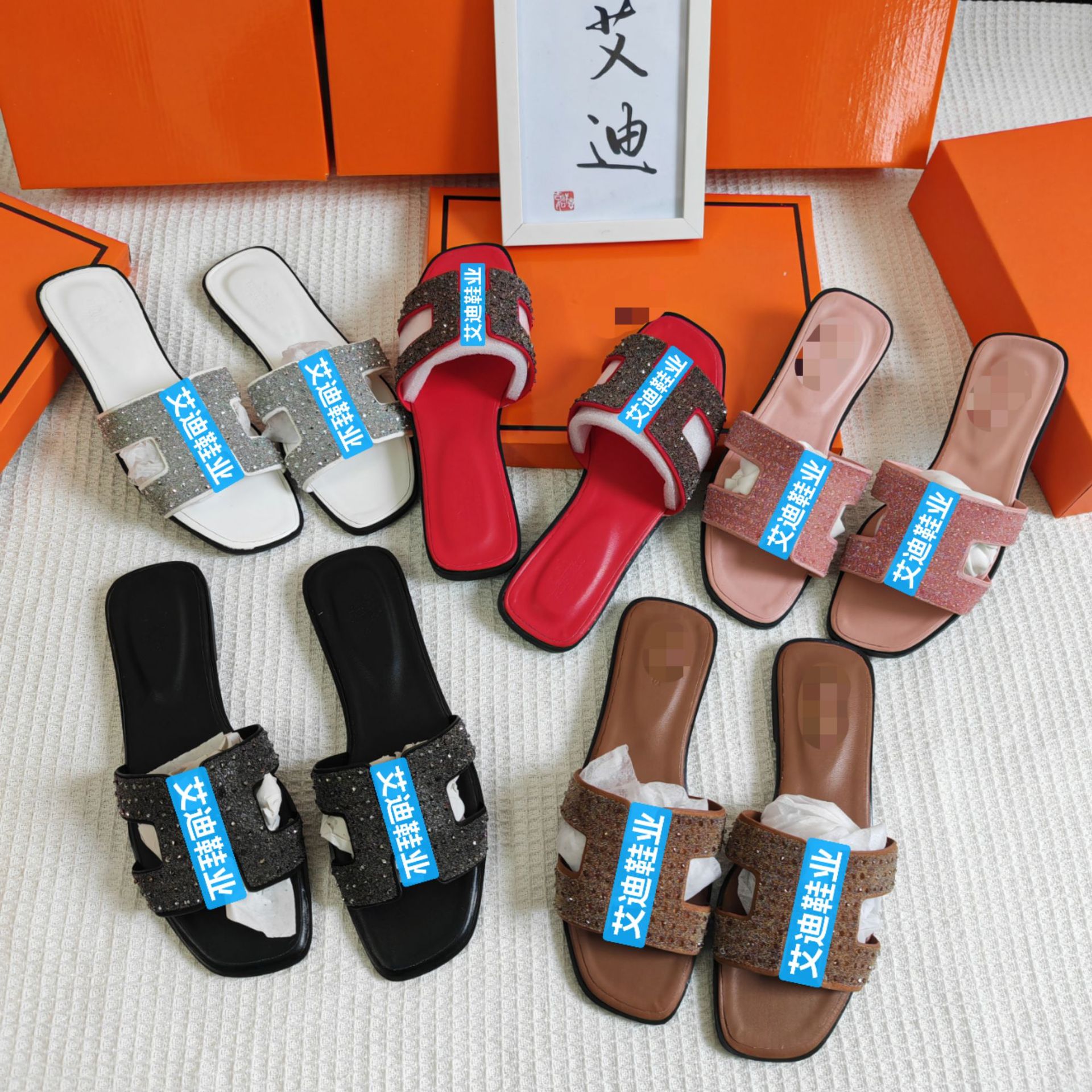 Cross-border H Slippers bestseller rhinestone Sandals for Women summer flat sandals sandals Slippers women full figure