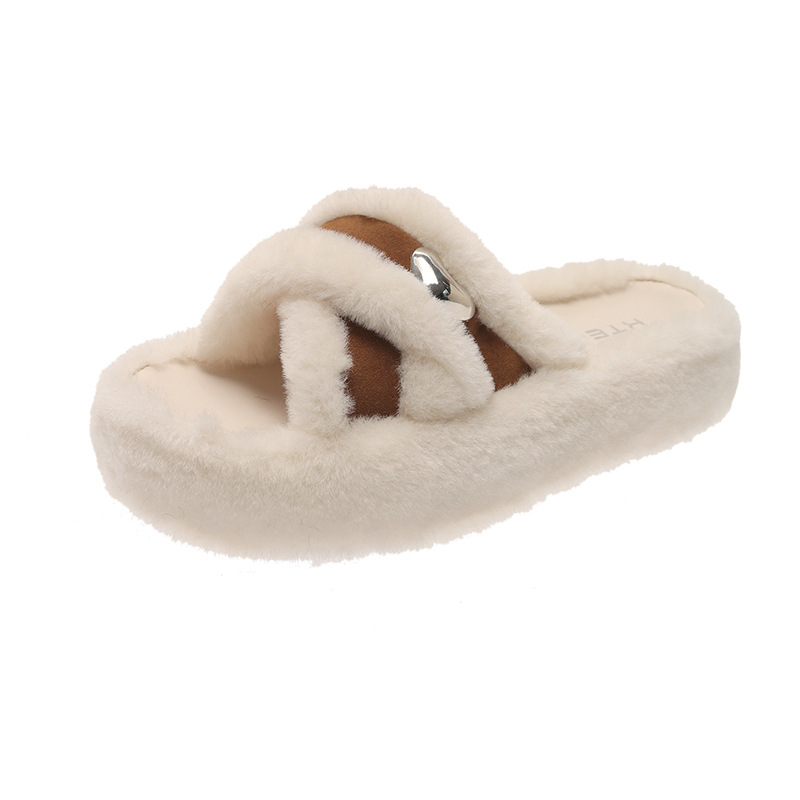 Cross-shaped thick-soled plush slippers for women 2025 autumn/Winter new style, French-style belt-buckle thick-soled height-increasing plush slippers for outerwear Item Picture