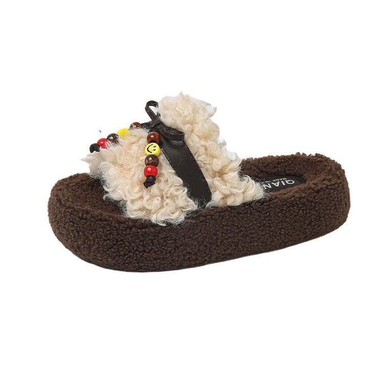 New 4CM thick-soled boat-shaped wool slippers for women, 2025 autumn/winter new faux lambskin straight-line cotton slippers for women Item Picture