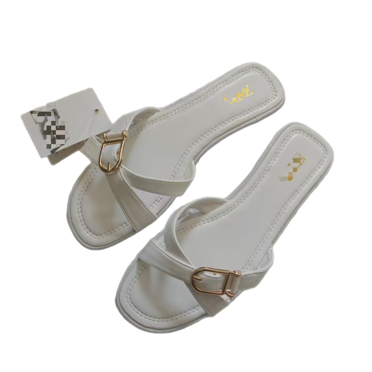 Eddie Foreign Trade ZA's new spring square-toed, flat-bottomed outerwear flip-flops with metal buckles and crossed one-line sandals for women Item Picture