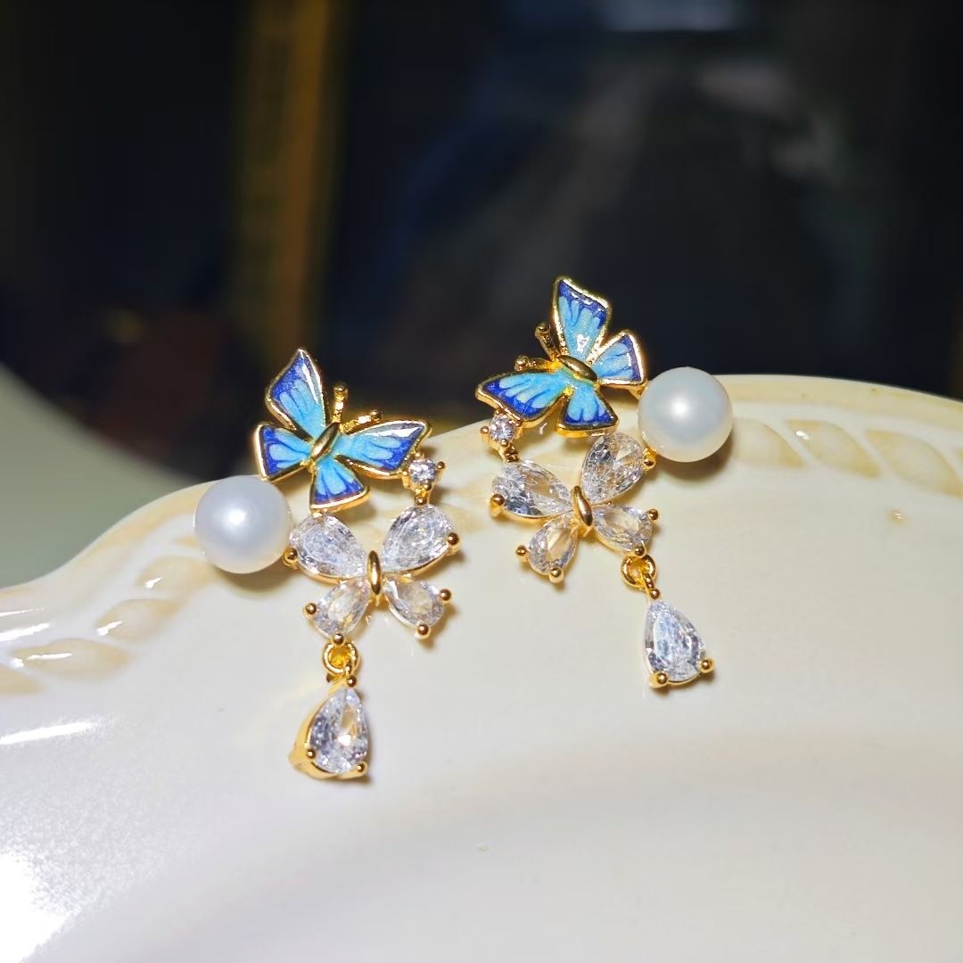 Natural freshwater pearl stud earrings, summer exquisite colored glaze butterfly blue stud earrings, women's zircon bestseller pearl necklace jewelry necklace detail image 3