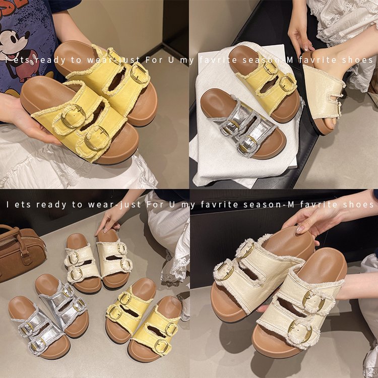 Muffin thick-soled Birken slippers for women's summer wear, 2025 new style with skirt, beach one-shoulder drag with skirt, flip-flops Specification drawing
