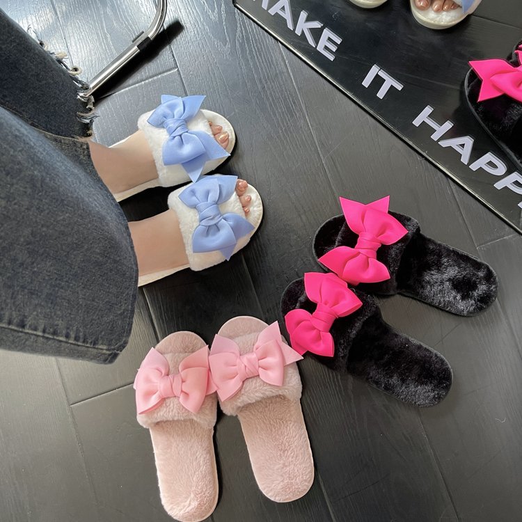 Korean stylish and fashionable bow wool slippers for women's winter home, soft soled comfortable and warm cotton slippers for women Application Scenario