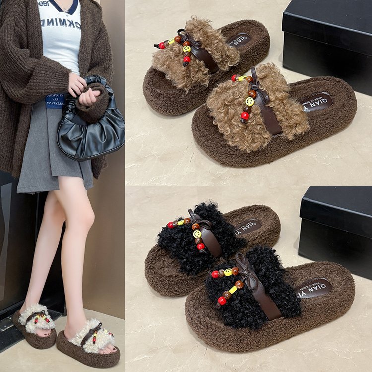New 4CM thick-soled boat-shaped wool slippers for women, 2025 autumn/winter new faux lambskin straight-line cotton slippers for women Specification drawing