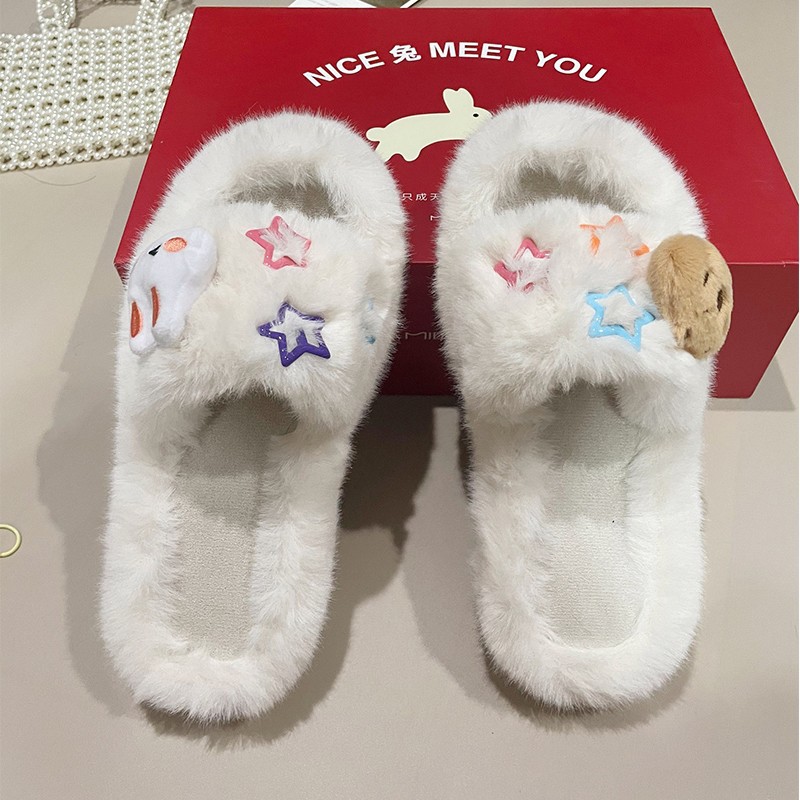 Cute and girlish thick-soled furry slippers for women to wear outside 2025 autumn/winter new style, Star Home Warm plush slippers details Picture