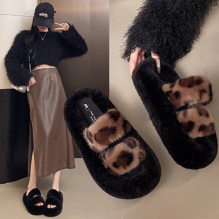 Super beautiful thick-soled woolen slippers for women to wear outside 2025 autumn/winter new home anti-slip lazy person one-line cotton slippers full figure