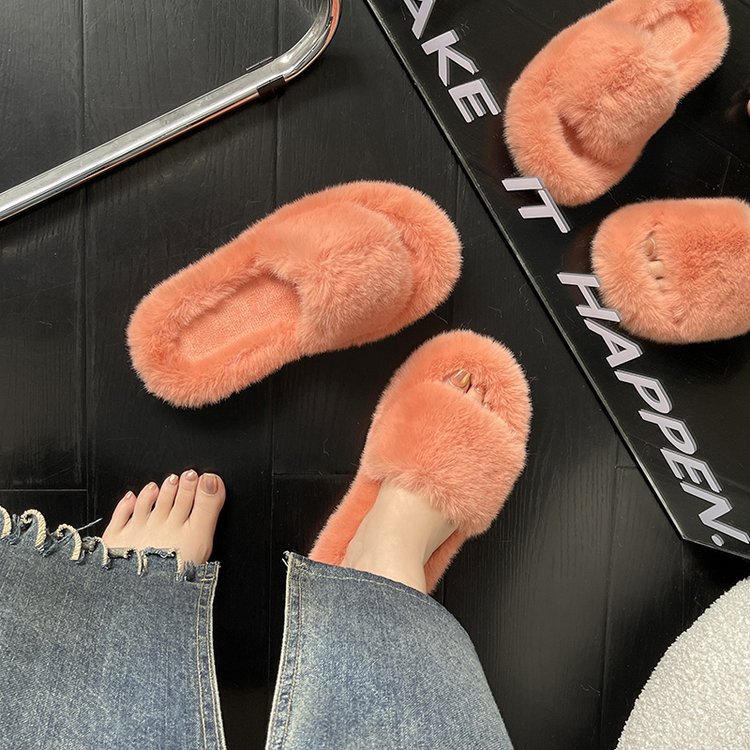 New Korean-style plush slippers for women in autumn and winter 2025, trendy thick-soled casual, fluffy one-shoulder slippers for women Specification drawing