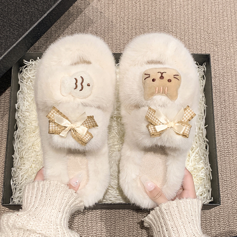 Soft and cute new autumn and winter fur slippers for women to wear outside, height-increasing Internet celebrity thick-soled home double-bar plush anti-slip cotton slippers Specification drawing