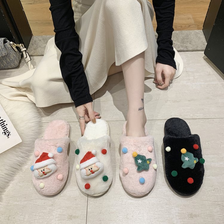 For the autumn and winter of 2025, there are flat, versatile, fluffy Christmas simple flip-flops for home wear with fluffy slippers Specification drawing
