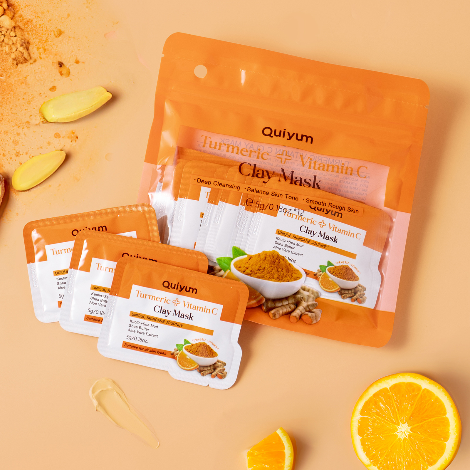 Cross-border quiyum turmeric Vitamin c Cleansing Bagged Mud Mask 5g*12pcs Hydrating Mask Mud English skin care products full figure