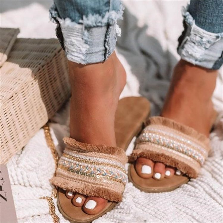 Bohemian flat-bottomed open-toe flip-flops for women's summer, new fashionable outerwear fringed women's flip-flops, wholesale of large-sized women's shoes details Picture