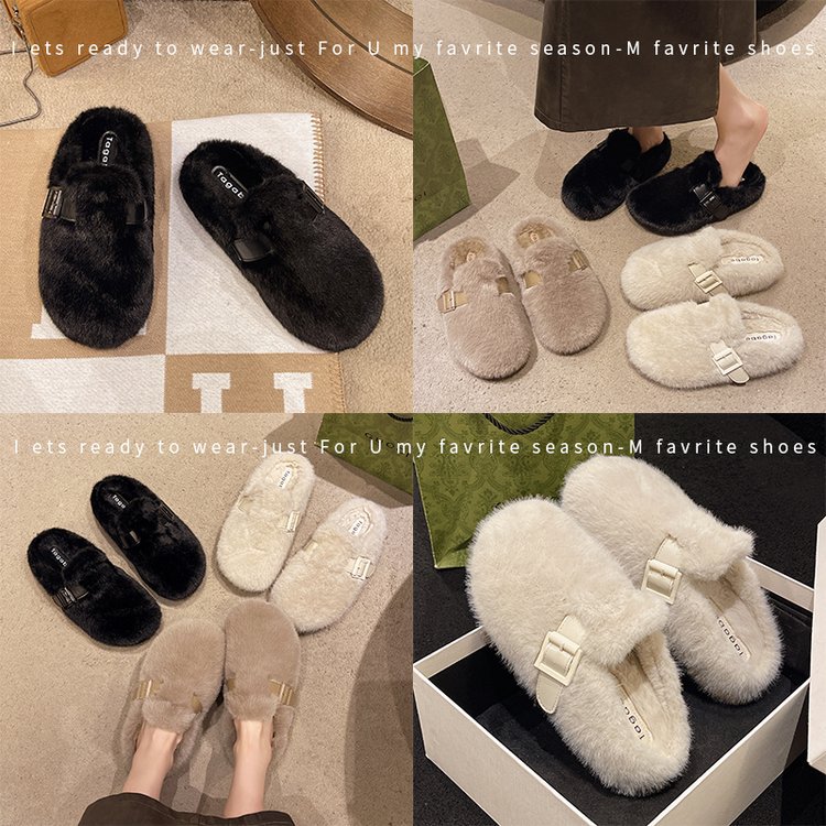 MAO MAO Slippers for women's outerwear, 2025 new autumn and winter style, one-step fashionable outing, half-drawn-out cotton slippers MAO MAO shoes Specification drawing
