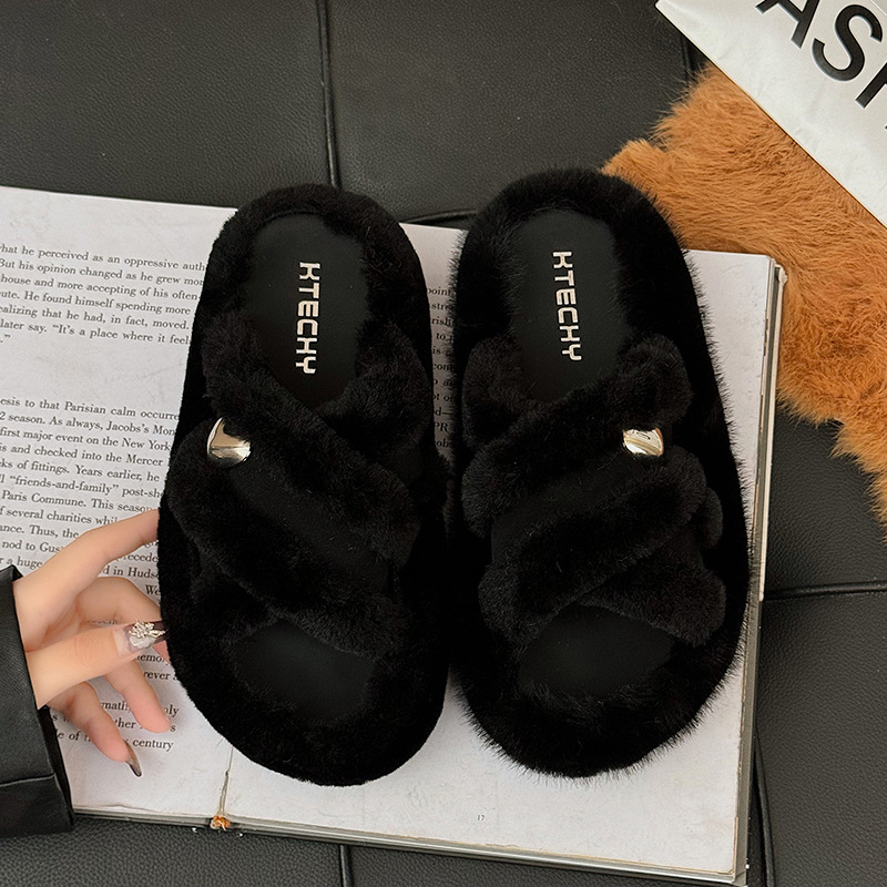 Cross-shaped thick-soled plush slippers for women 2025 autumn/Winter new style, French-style belt-buckle thick-soled height-increasing plush slippers for outerwear Specification drawing