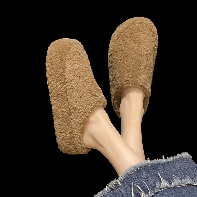 MAO MAO Slippers Women's outerwear 2025 new winter Korean-style flat lazy mules with fleece toe half-slipper Specification drawing
