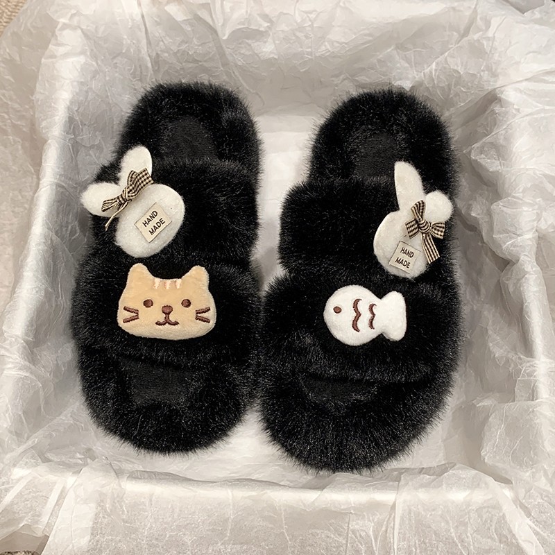 Soft and cute new autumn and winter woolen slippers for women to wear outside to increase height, a popular thick-soled home woolen anti-slip cotton slippers Specification drawing