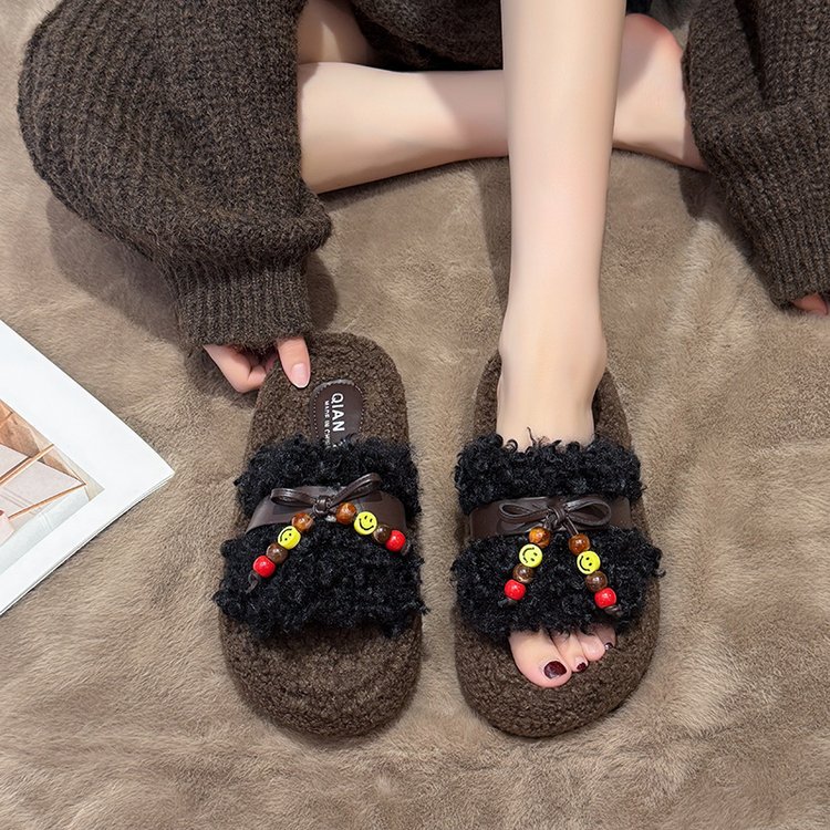 New 4CM thick-soled boat-shaped wool slippers for women, 2025 autumn/winter new faux lambskin straight-line cotton slippers for women Application Scenario