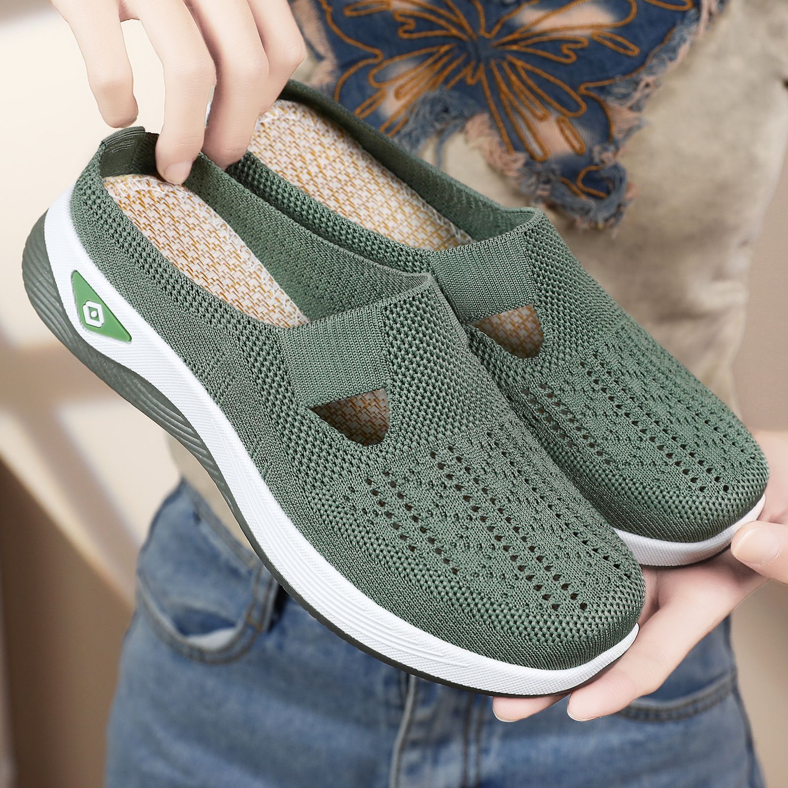 Half-drag women's shoes, versatile casual shoes, cross-border breathable flip-flops, one-step lazy shoes, mesh soft-soled single shoes for women details Picture