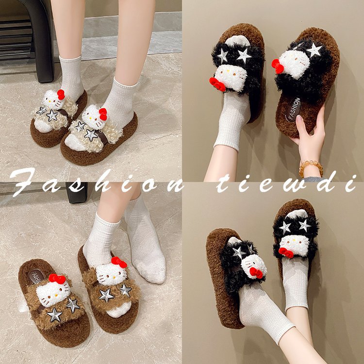 Cute cartoon kitten cotton slippers, new style for autumn and winter 2025, fashionable outerwear, casual and versatile one-shoulder slippers details Picture