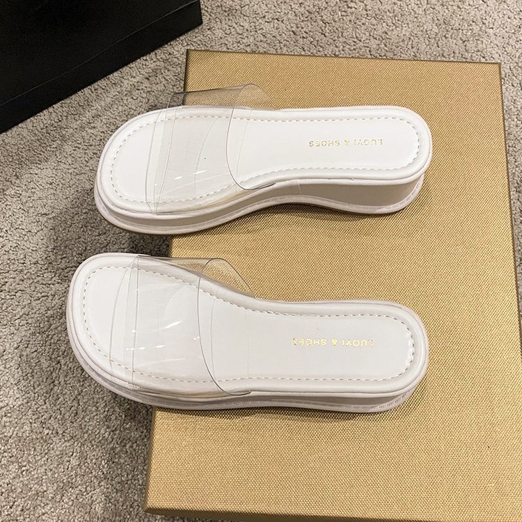 Thick-soled wedge heel slippers for women's summer outerwear, fairy style 2025 new transparent one-strap sandals, high-heeled simple flip-flops details Picture