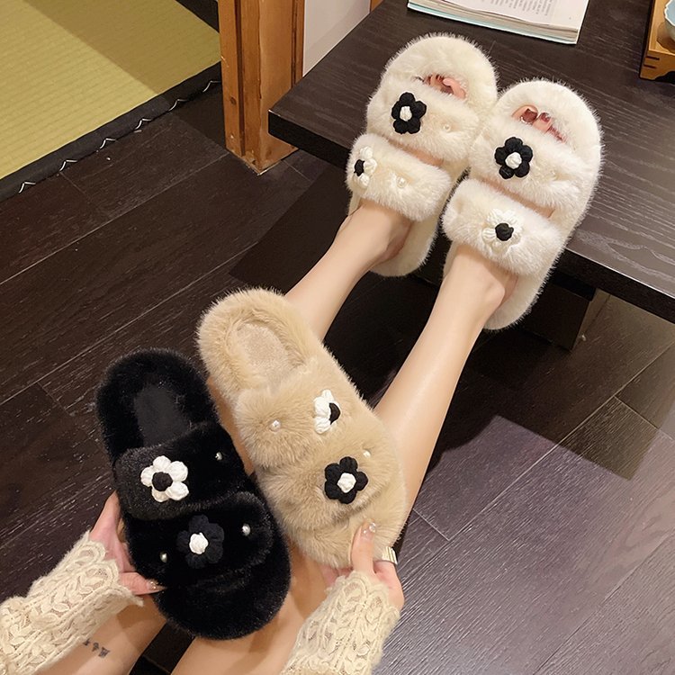2025 New Korean style gentle, fashionable and versatile autumn and winter one-shoulder cotton slippers, fluffy fairy style flat slippers Specification drawing