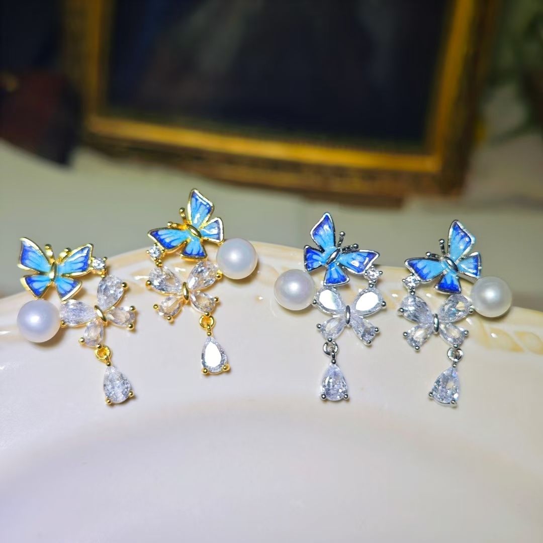 Natural freshwater pearl stud earrings, summer exquisite colored glaze butterfly blue stud earrings, women's zircon bestseller pearl necklace jewelry necklace detail image 8