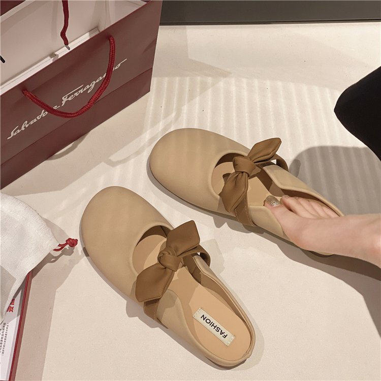 New women's half-slipper style for Spring and summer 2025, featuring a fairy-like flat sole with a toe cap and a soft sole with a bow Specification drawing